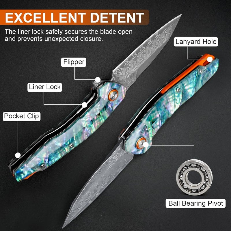 Zingbee Damascus Pocket Knife, 3.03" VG10 Damascus Steel Blade Folding Knife with Abalone Shell Handle, EDC Camping Knives for Outdoor Indoor, Gifts for Women Men - Image 5